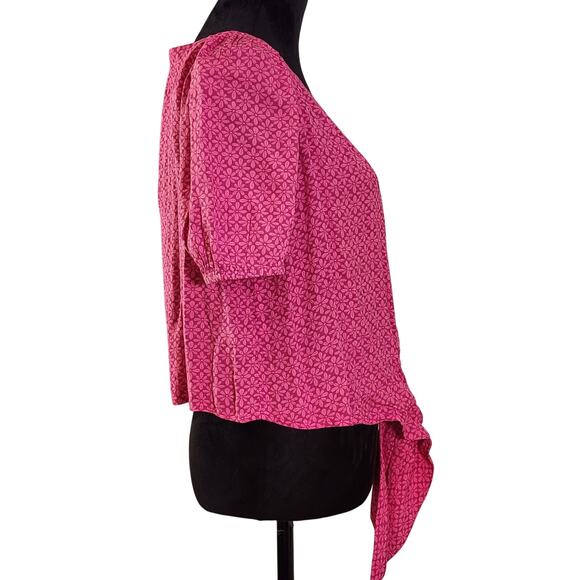 ANN TAYLOR Stamped Puff Sleeve Tie Front Blouse, Size Small Petite - Picture 2 of 13